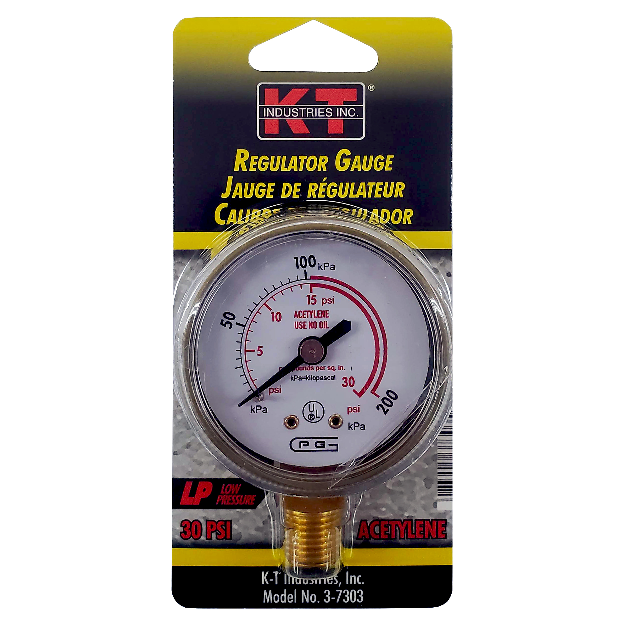 K-T Industries Acetylene Pressure Gauge — 30 Lbs., Shatter-Resistant, 1/4in. NPT Inlet, Model# 3-7303